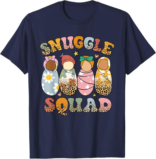 Retro Groovy Snuggle Squad Leopard Babies NICU Nurse T-Shirt - T-Shirt | Navy