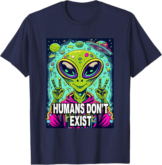 Retro Humans Don't Exist Shirt Funny Alien T-Shirt - T-Shirt | Navy