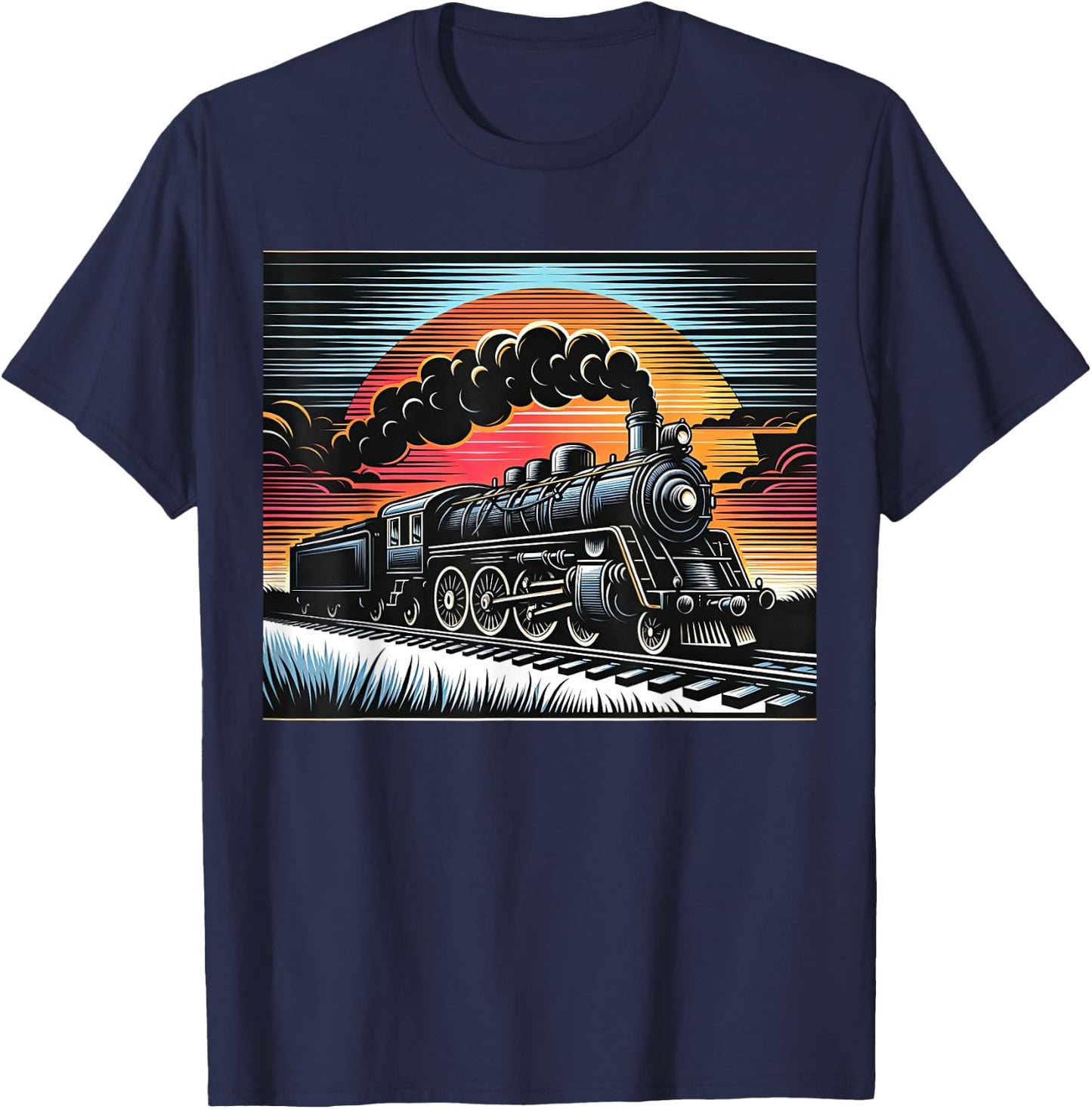 Vintage Steam Engine Train Locomotive Cool Sunset Railroad T-Shirt - T-Shirt | Navy