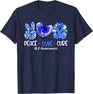 Peace Love Cure Sunflower ALS Awareness T-Shirt - T-Shirt | Navy