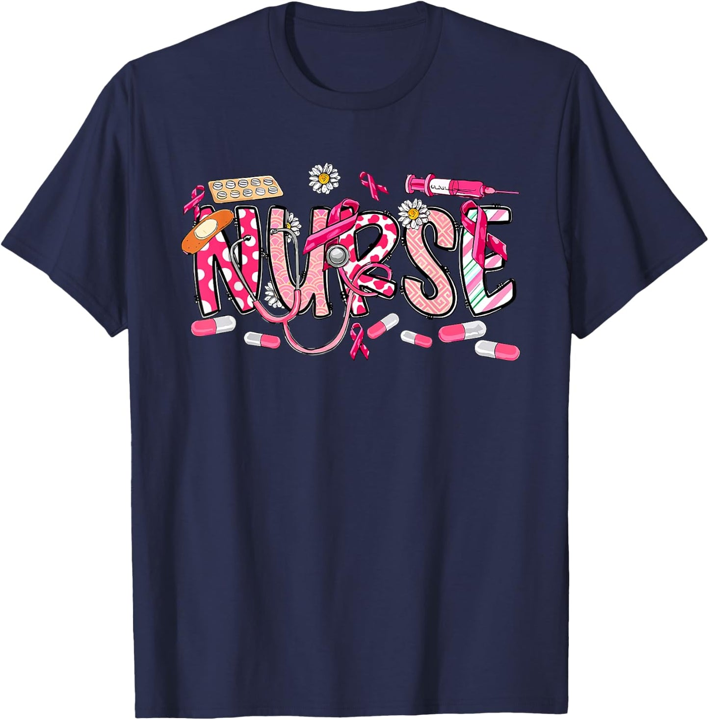 Pink Stethoscope Nurse Medical Breast Cancer Awareness T-Shirt - T-Shirt | Navy
