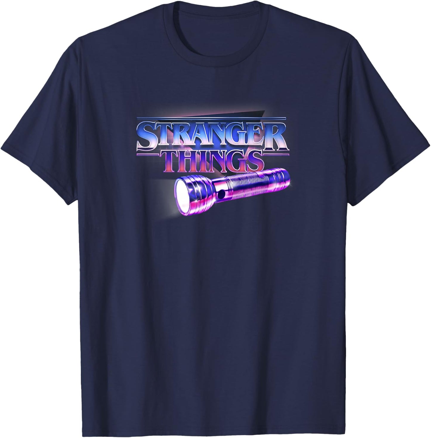 Stranger Things Flashlight 80's Retro Title Bright Logo T-Shirt - T-Shirt | Navy