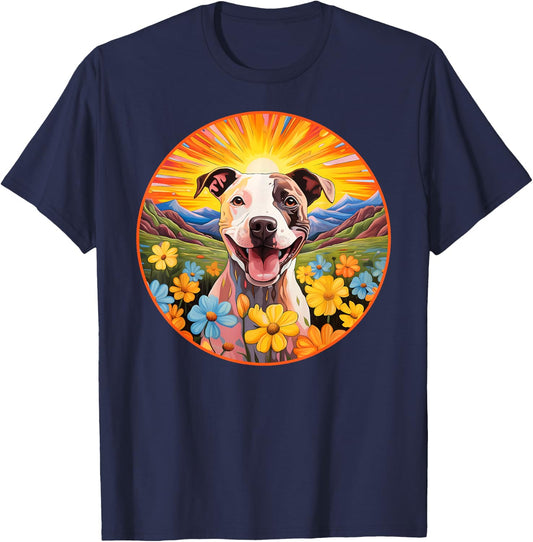 Cute Pitbull Colorful Flower Mountain Sunset Puppy Dog T-Shirt - T-Shirt | Navy