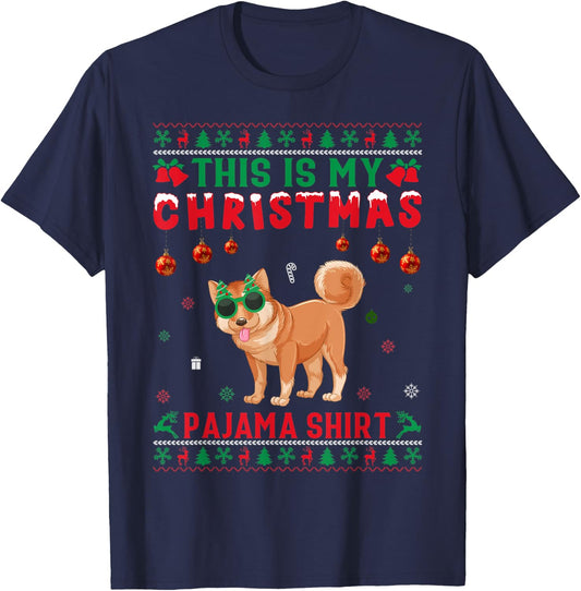 Ugly Xmas Holiday This Is My Shiba Inu Dog Christmas Pajama T-Shirt - T-Shirt | Navy