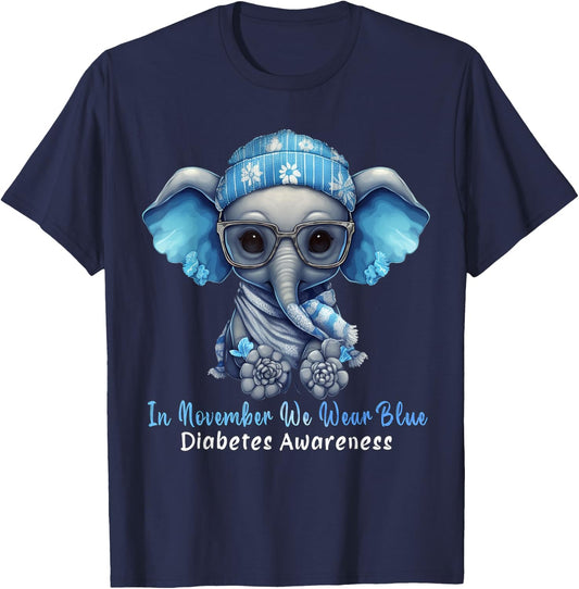 In November We Wear Blue Elephant Diabetes Awareness Gifts T-Shirt - T-Shirt | Navy