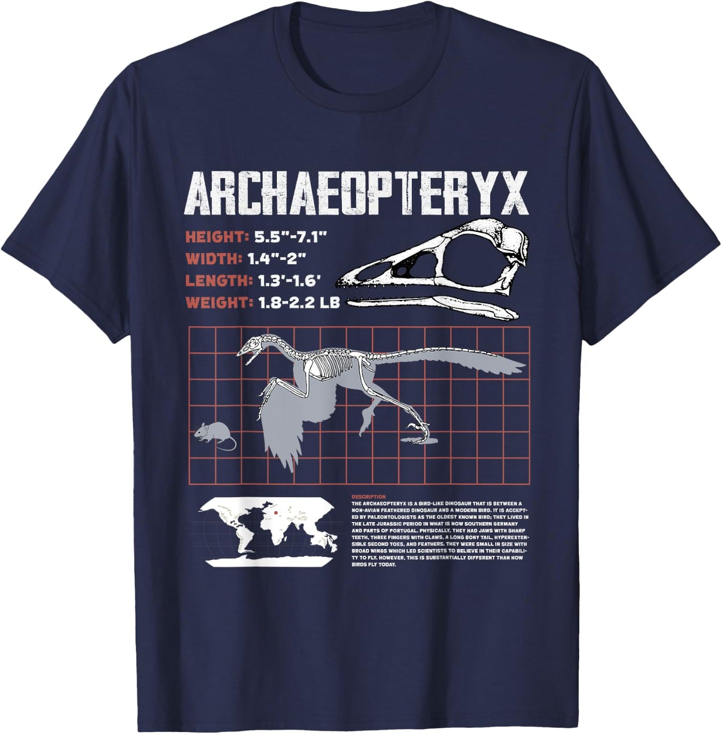 Archaeopteryx Dinosaur Facts Sheet Fossils Data T-Shirt - T-Shirt | Navy