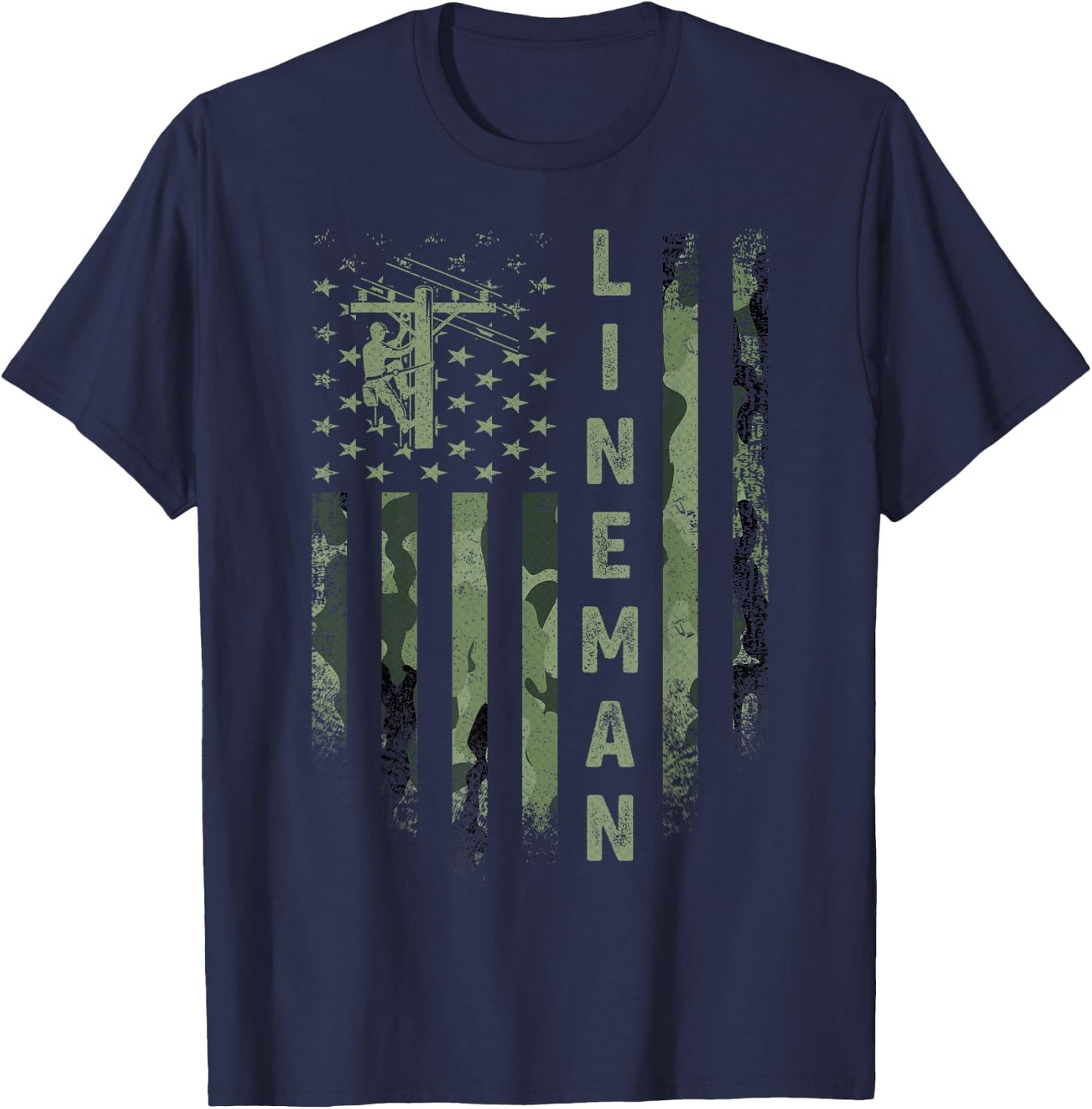 USA Camo Flag Electric Cable Lineman Silhouette Distressed T-Shirt - T-Shirt | Navy