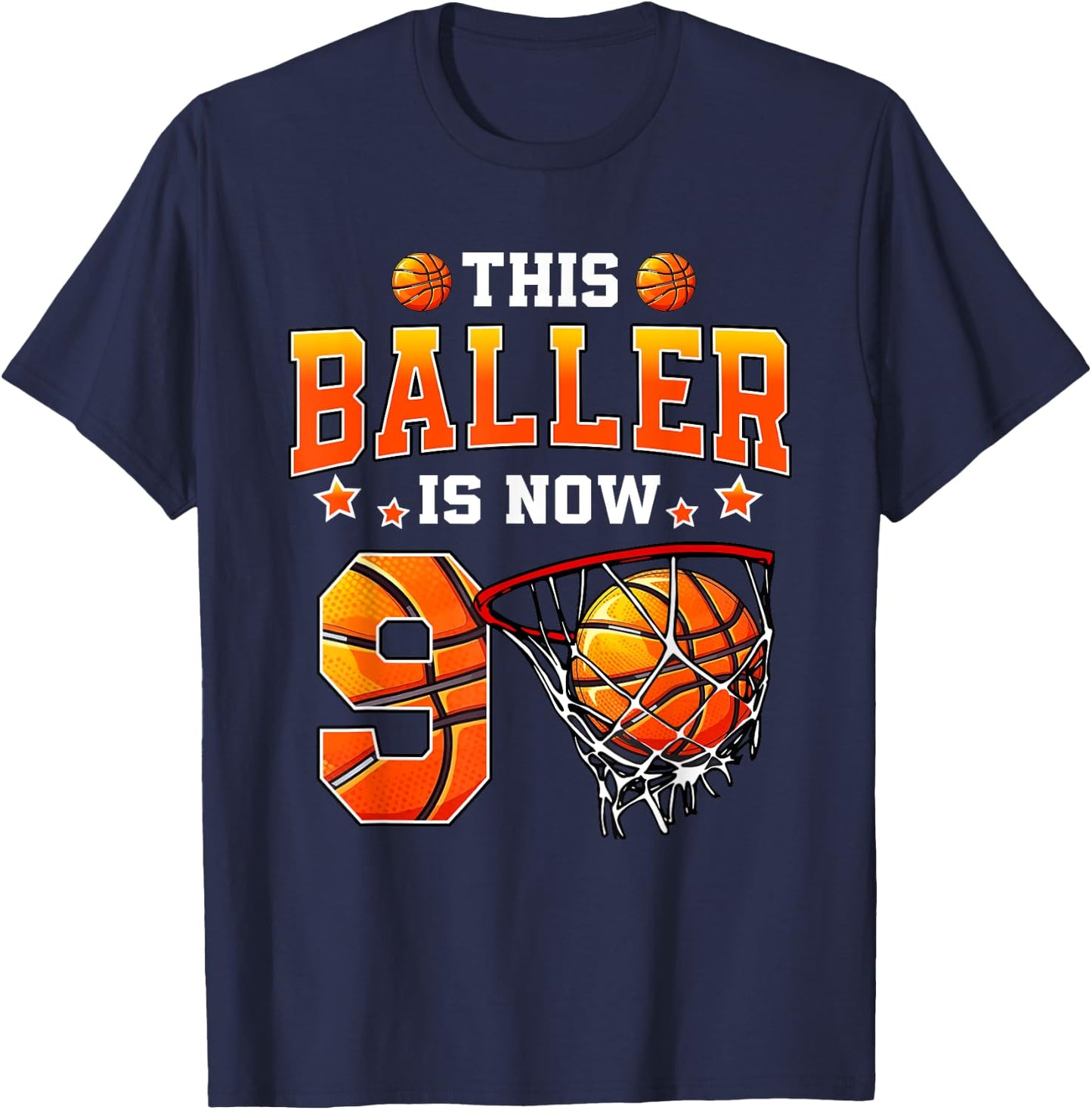 This Baller Is Now 9 Basketball Kids Boys Girls 9th Birthday T-Shirt - T-Shirt | Navy