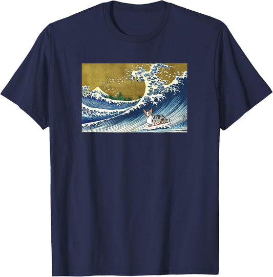 Retro Vintage Surfing Wave Blue Merle Cardigan Corgi Lover T-Shirt - T-Shirt | Navy
