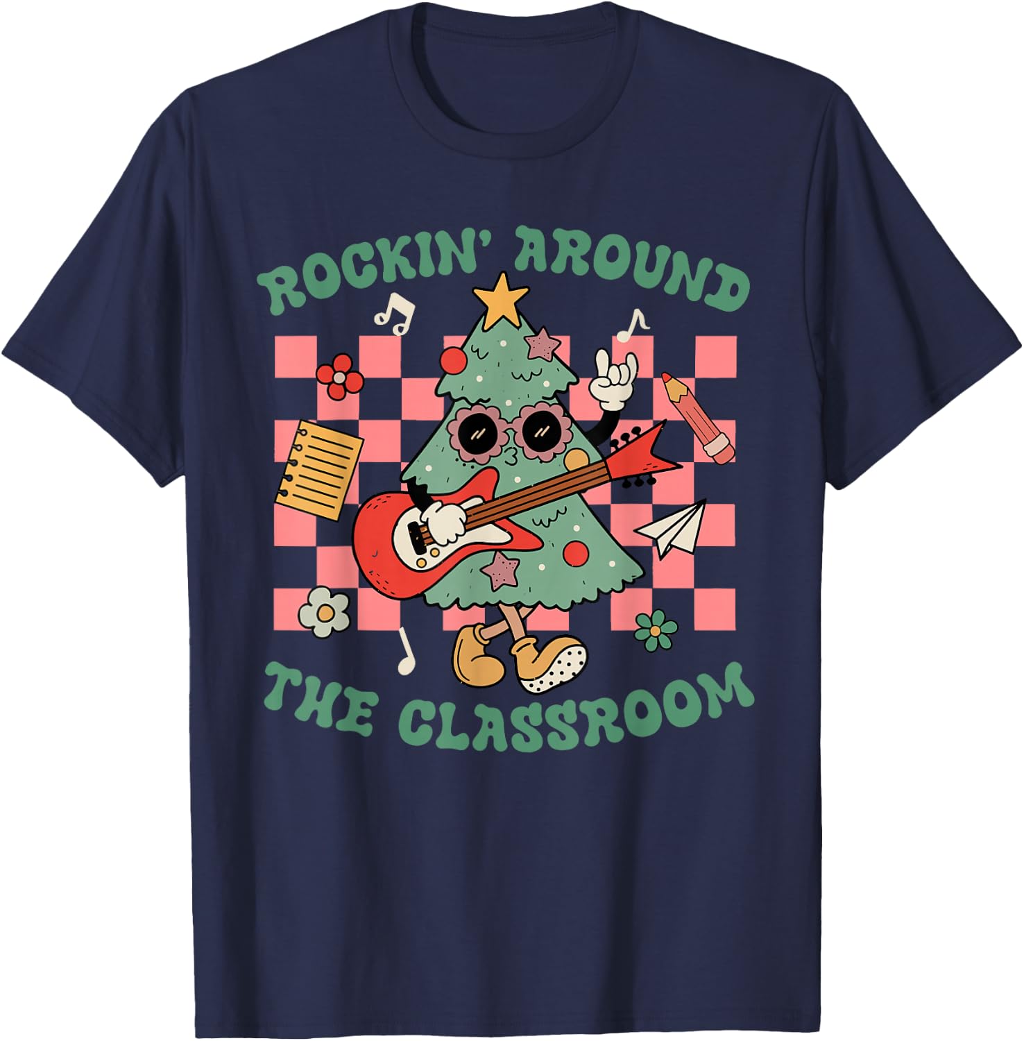 Retro Groovy Teacher Christmas Rockin' Around The Classroom T-Shirt - T-Shirt | Navy