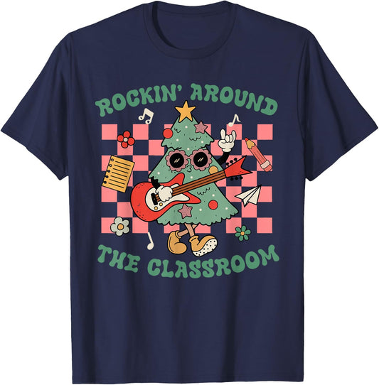 Retro Groovy Teacher Christmas Rockin' Around The Classroom T-Shirt - T-Shirt | Navy