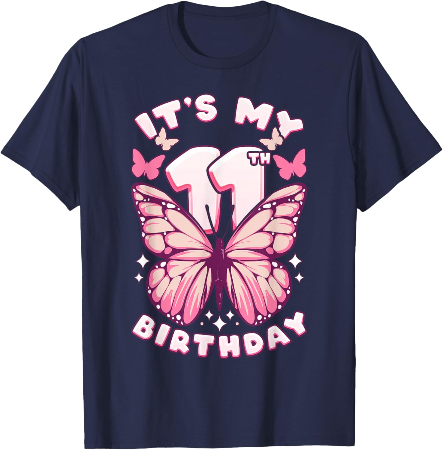 11th Birthday Girl 11 Years Old Butterflies and Number T-Shirt - T-Shirt | Navy