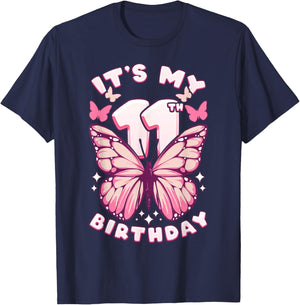 11th Birthday Girl 11 Years Old Butterflies and Number T-Shirt - T-Shirt | Navy