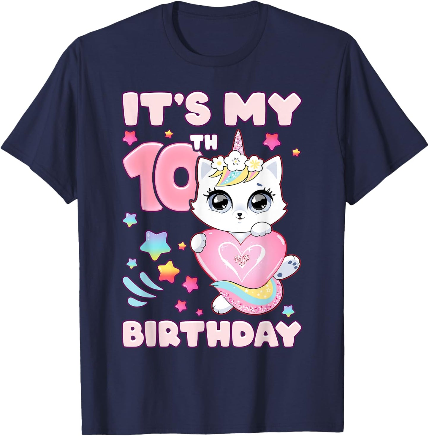 Birthday girl 10 years old, cat, unicorn, 10th birthday T-Shirt - T-Shirt | Navy