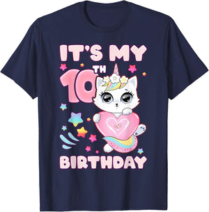 Birthday girl 10 years old, cat, unicorn, 10th birthday T-Shirt - T-Shirt | Navy