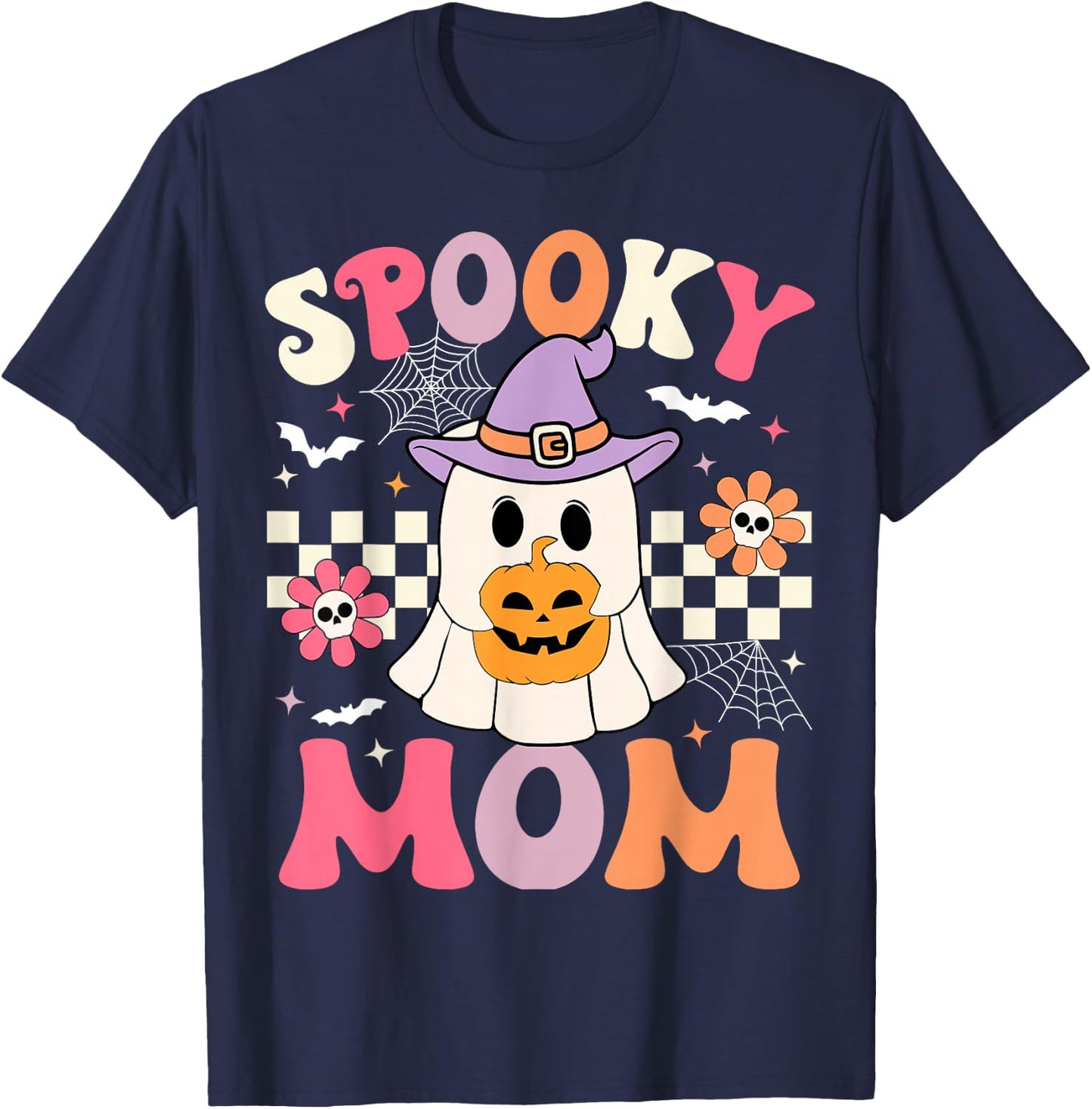 Groovy Spooky Mom Retro Ghost Holding Pumpkin Halloween T-Shirt - T-Shirt | Navy