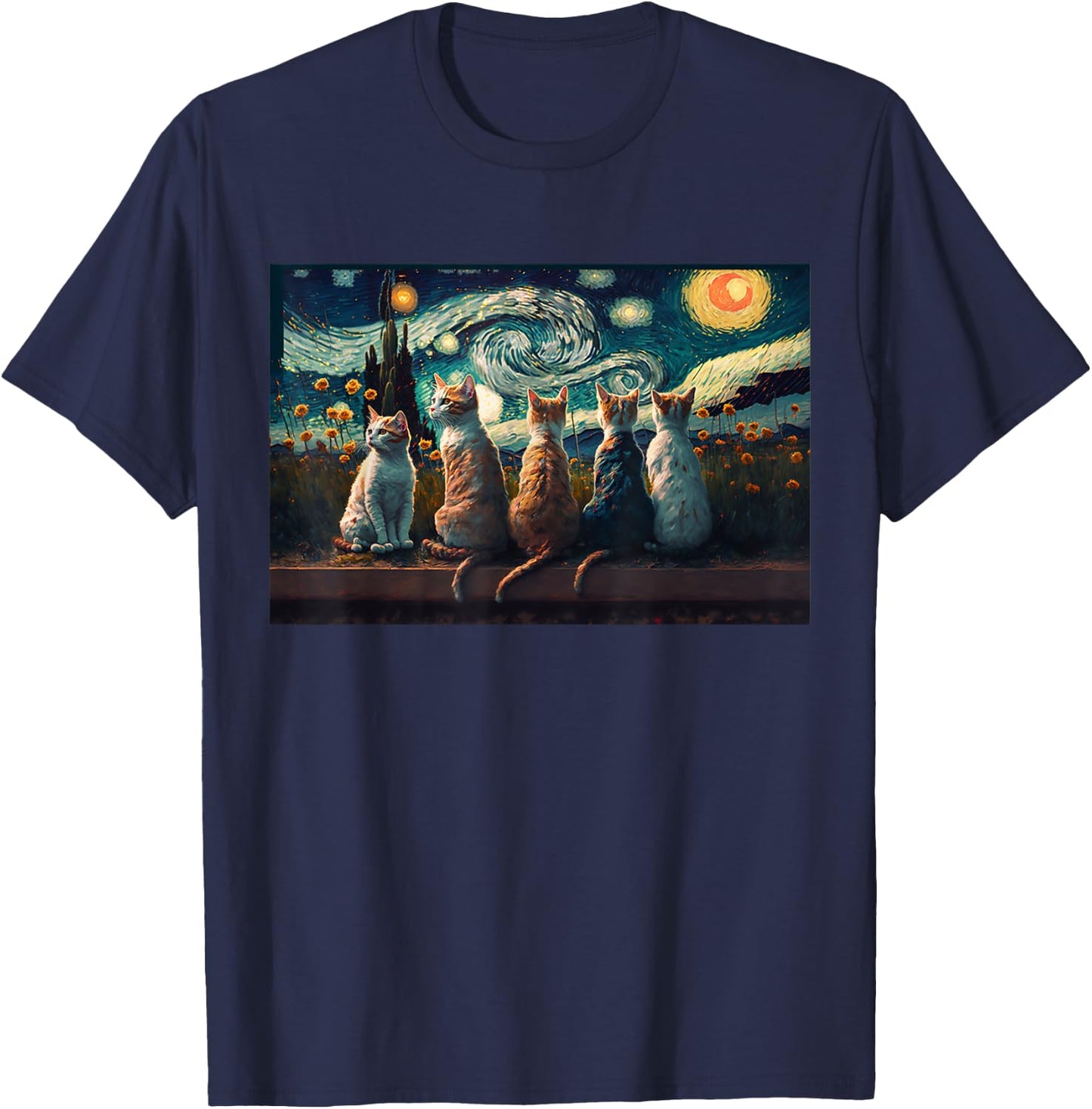 cats painting art sitting Starry Night kitty kitten Van Gogh T-Shirt - T-Shirt | Navy
