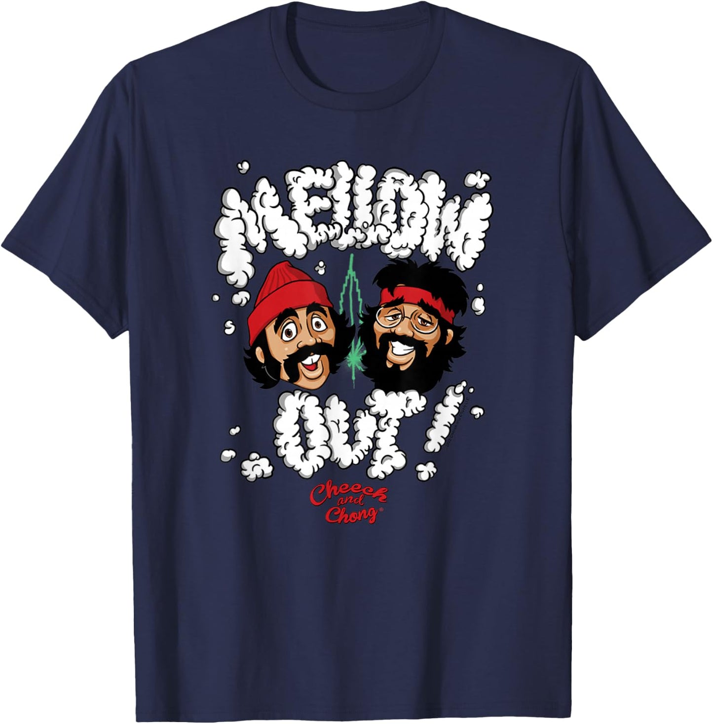 Cheech & Chong Mellow Out! Smoking Text Cartoon Faces T-Shirt - T-Shirt | Navy