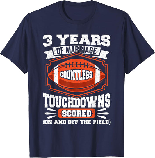 3rd Wedding Anniversary Football Touchdown Married 3 Years T-Shirt - T-Shirt | Navy