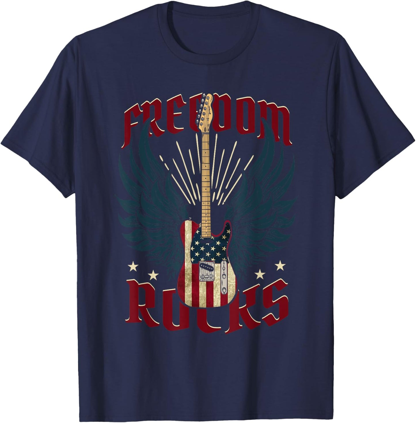 Freedom Rocks Patriotic 4th Of July American Flag Guitar Women Kids Men T-Shirt - T-Shirt | Navy