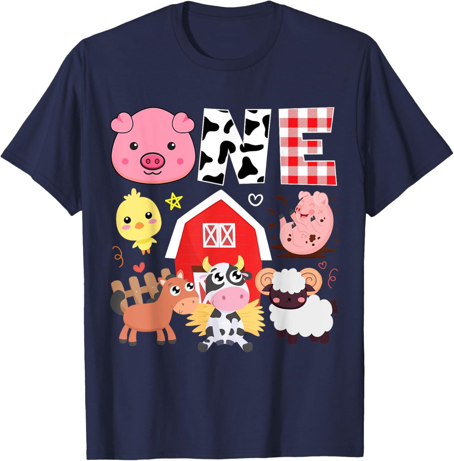 1st Birthday One Year Old Farm Theme Animals Birthday Party T-Shirt - T-Shirt | Navy