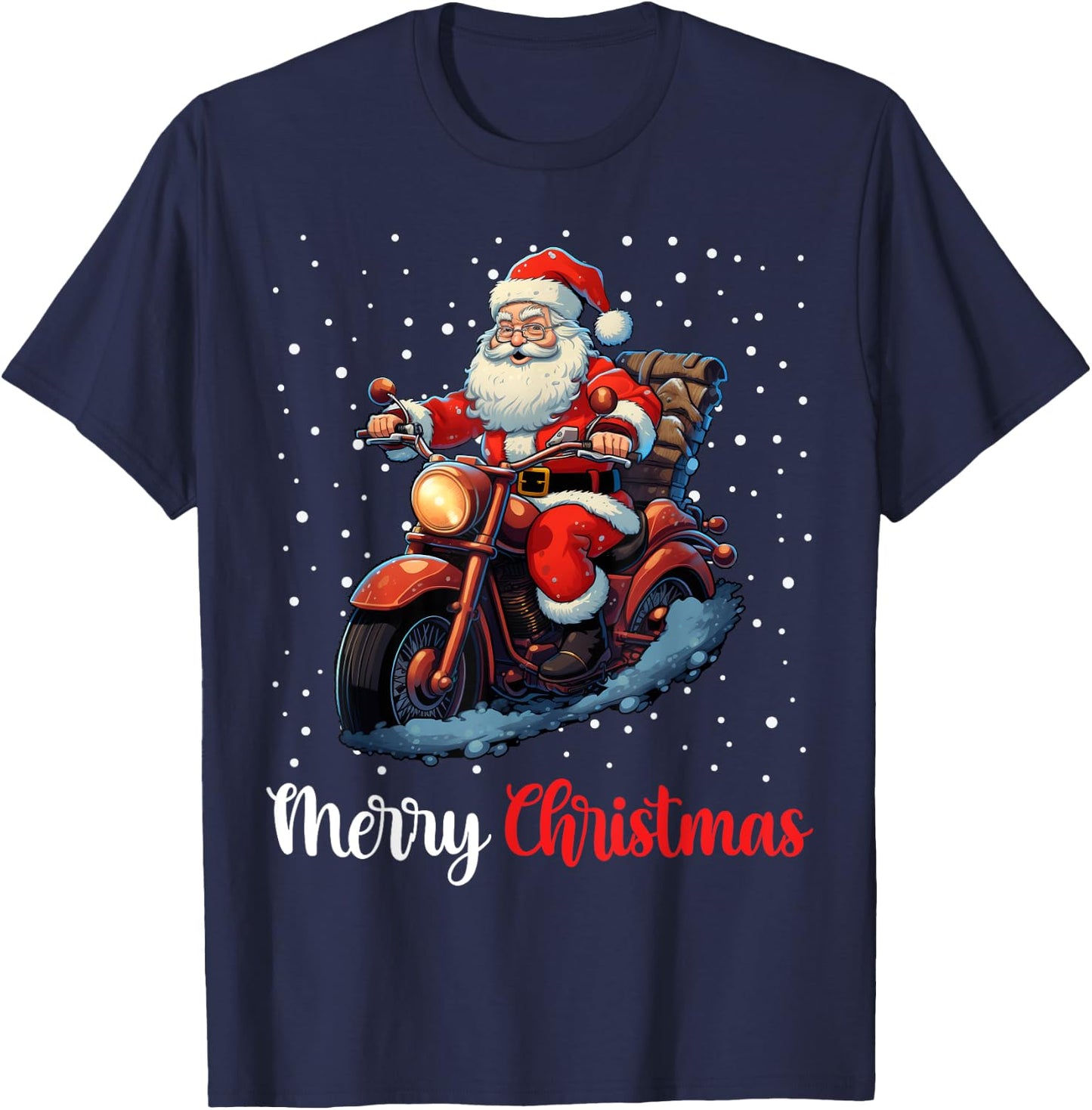 Merry Christmas Santa Riding Motorcycle Biker T-Shirt - T-Shirt | Navy
