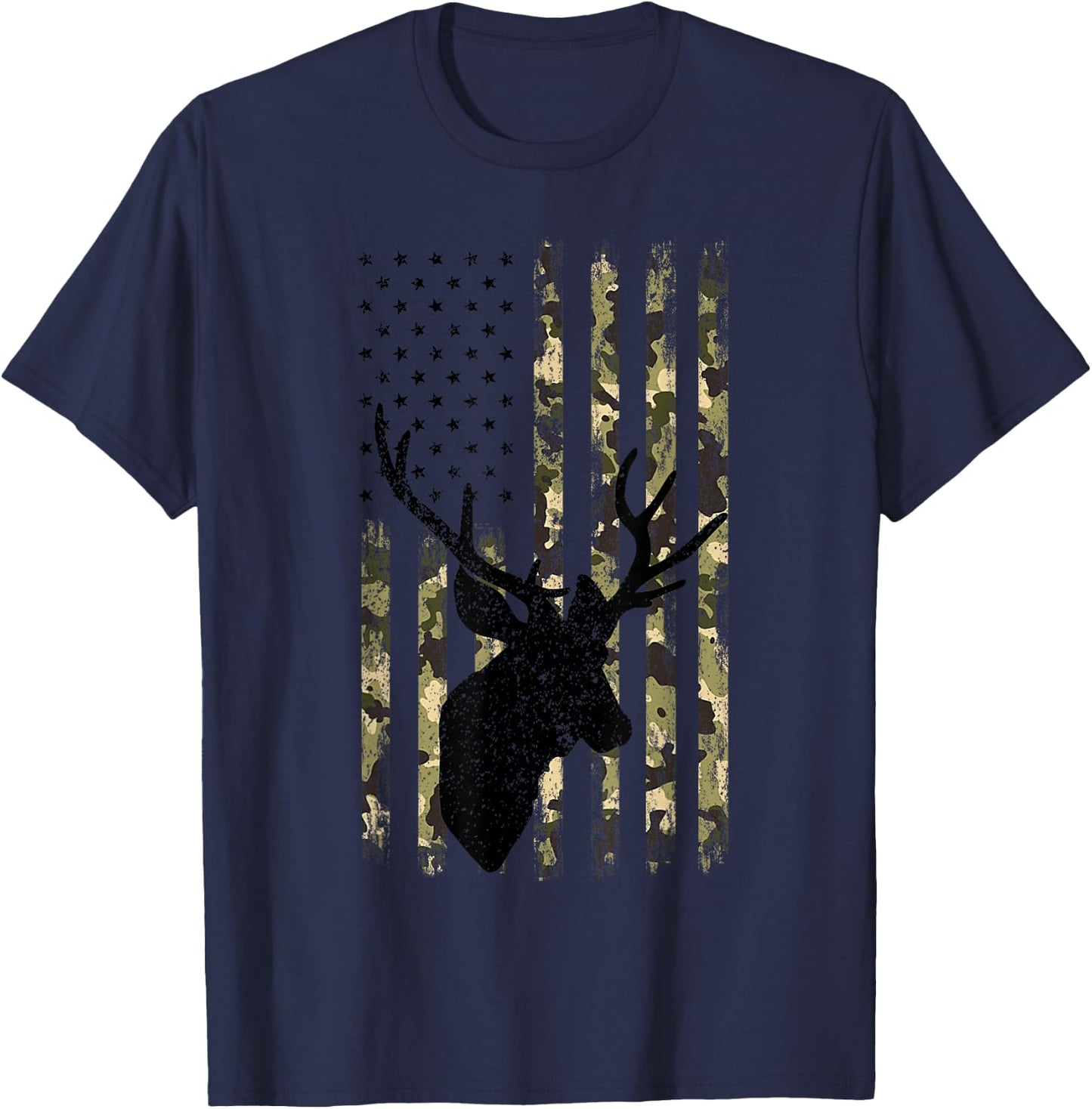 Funny Camouflage USA Flag Whitetail Buck Deer Hunting Lovers T-Shirt - T-Shirt | Navy