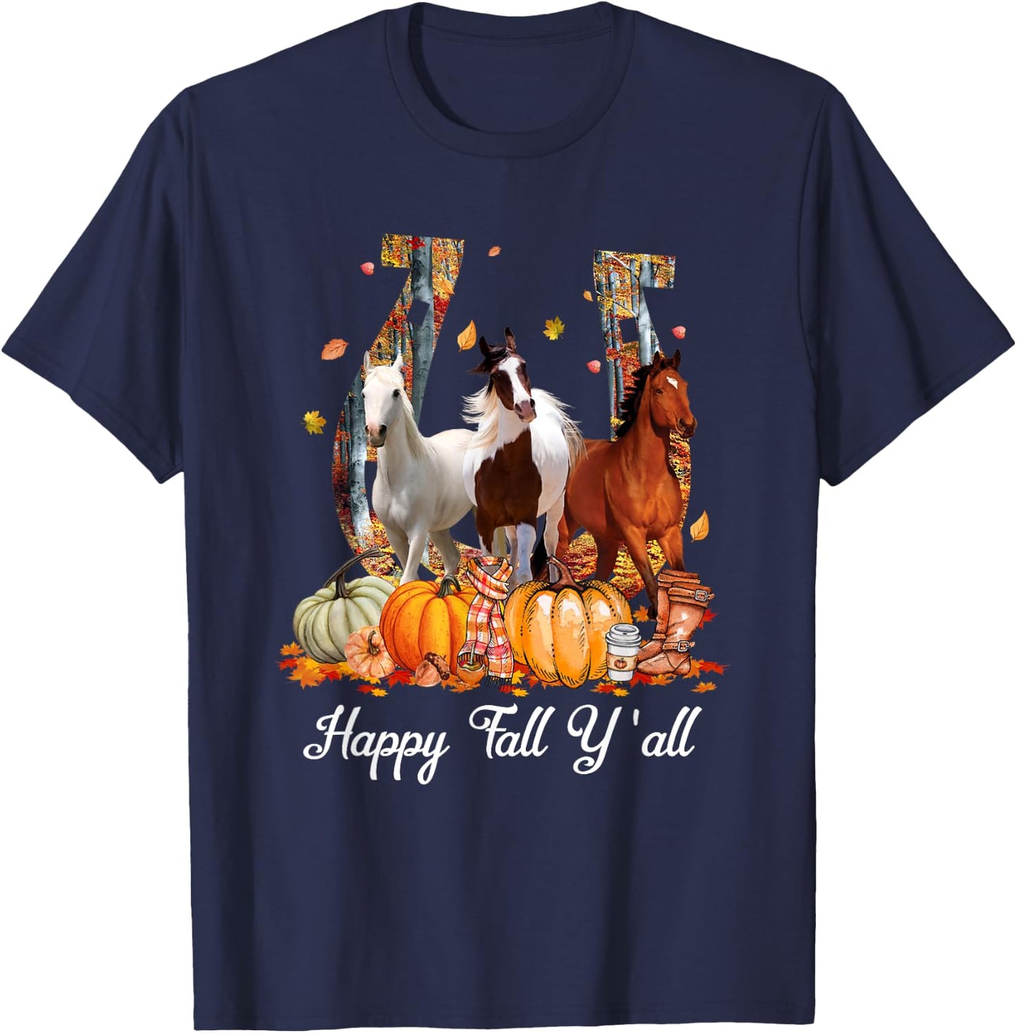 Happy Fall Y'all Horse Thanksgiving Horse Lover Halloween T-Shirt - T-Shirt | Navy
