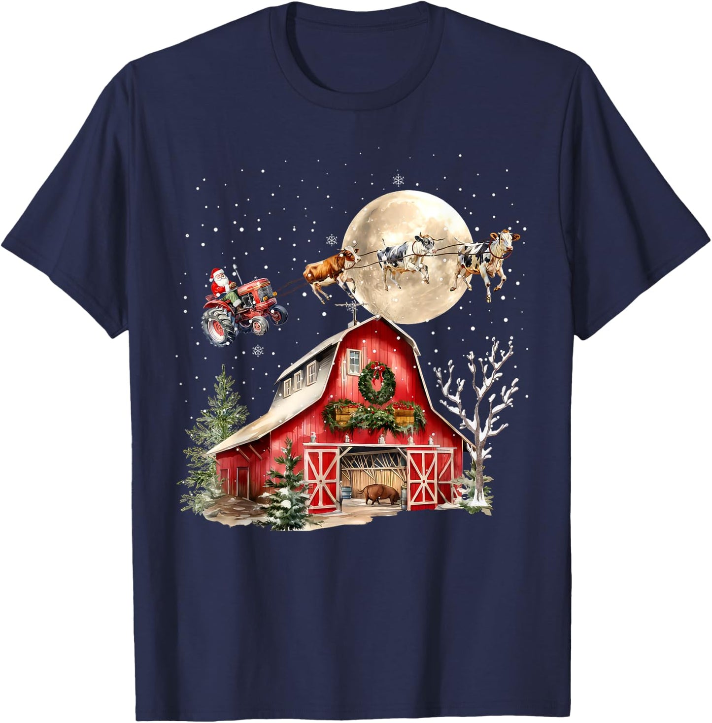 Funny Santa Claus Tractor Cows Farm Farmer Christmas Holiday T-Shirt - T-Shirt | Navy