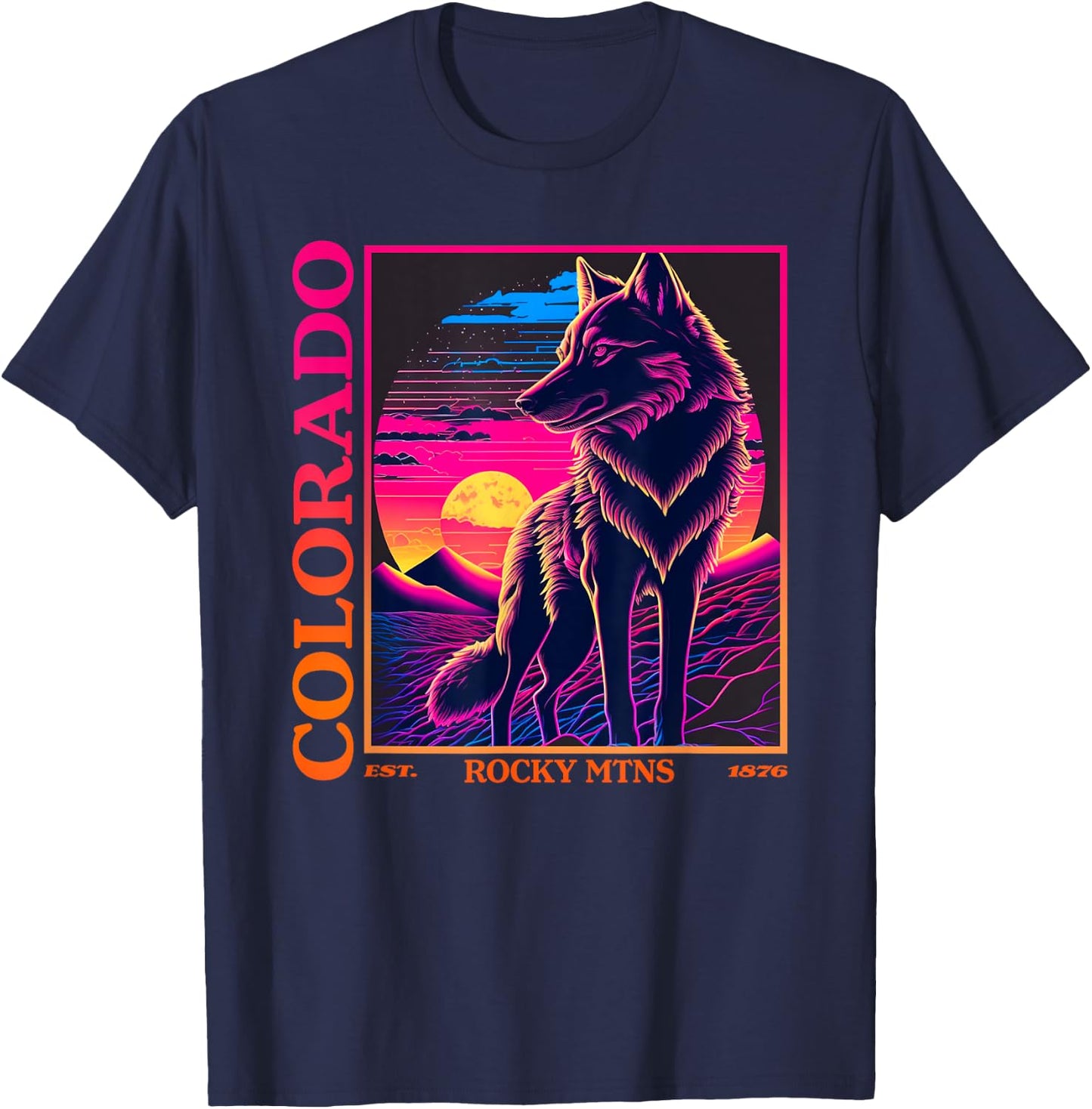 Colorado Mountain Wolf - Wolf, Moon, & Stars Retro T-Shirt - T-Shirt | Navy