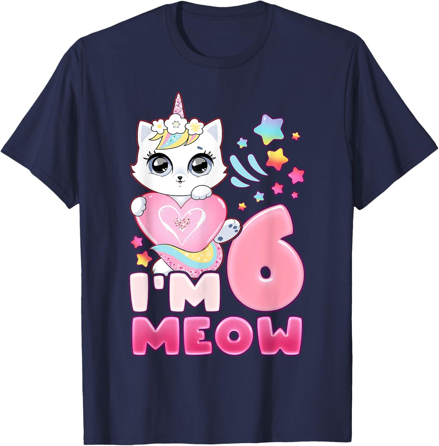 Birthday girl 6 years old, cat, unicorn, 6th birthday T-Shirt - T-Shirt | Navy