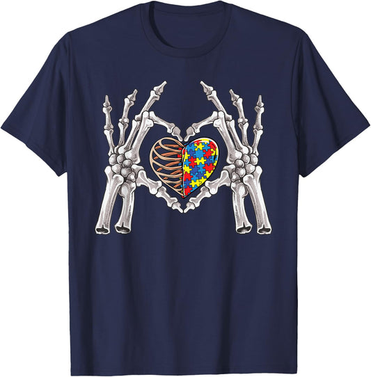 Autism Awareness Gothic Skull Hand Autism Puzzle Piece Heart T-Shirt - T-Shirt | Navy