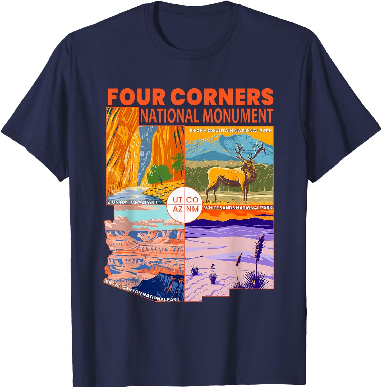 Four Corners National Monument With National Parks Retro T-Shirt - T-Shirt | Navy