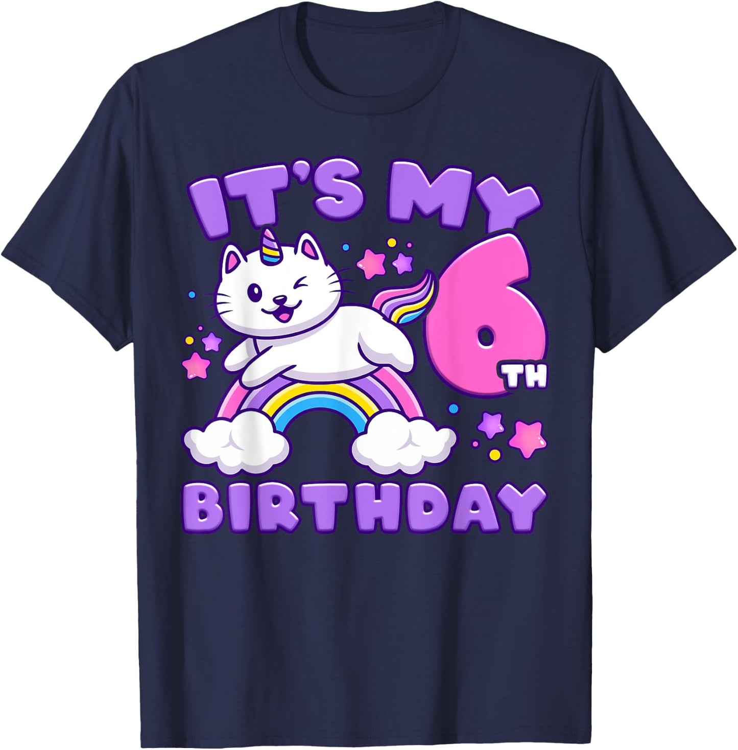 Birthday girl 6 years old, cat, unicorn, 6th birthday T-Shirt - T-Shirt | Navy
