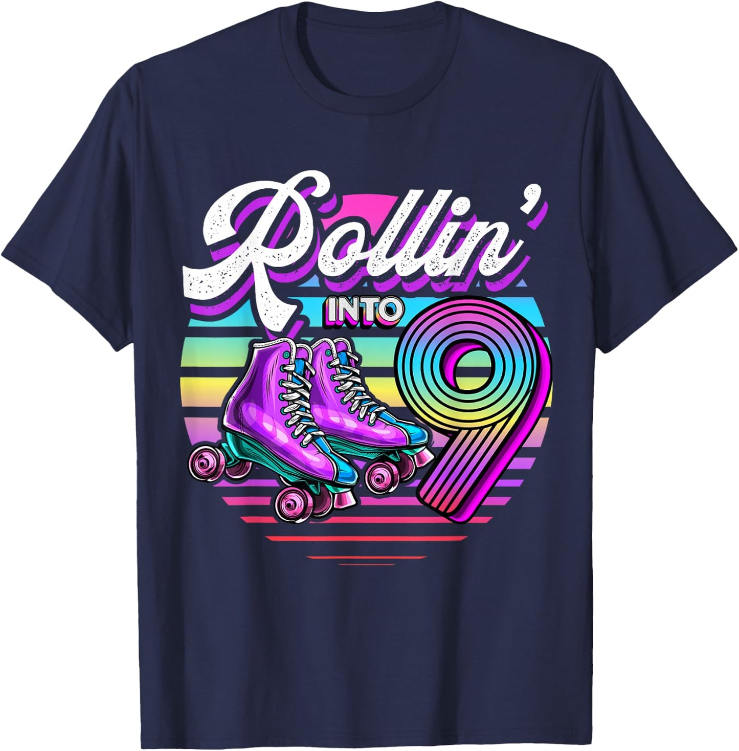 Rollin' into 9 Roller Skating Rink 9th Birthday Party Girls T-Shirt - T-Shirt | Navy