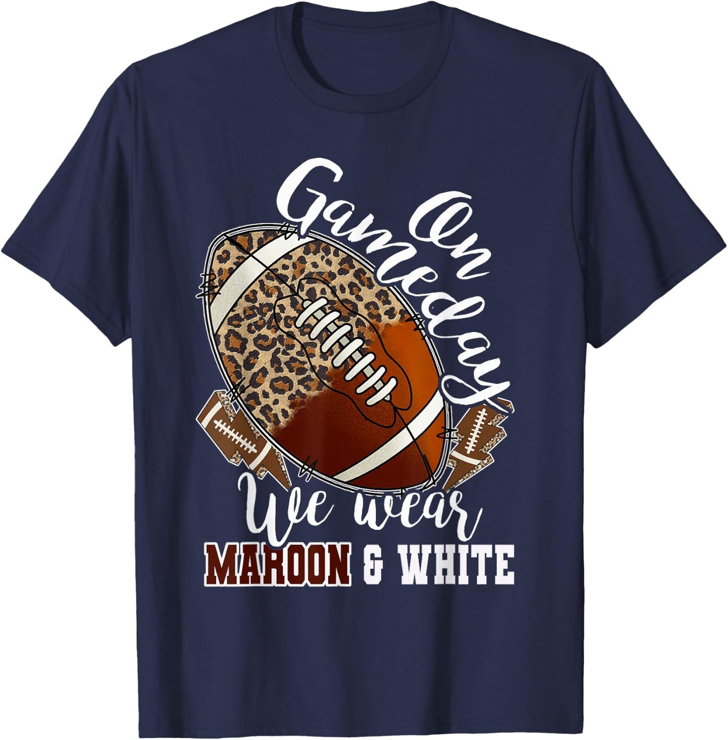 On Gameday Football We Wear Maroon And White Leopard Print T-Shirt - T-Shirt | Navy