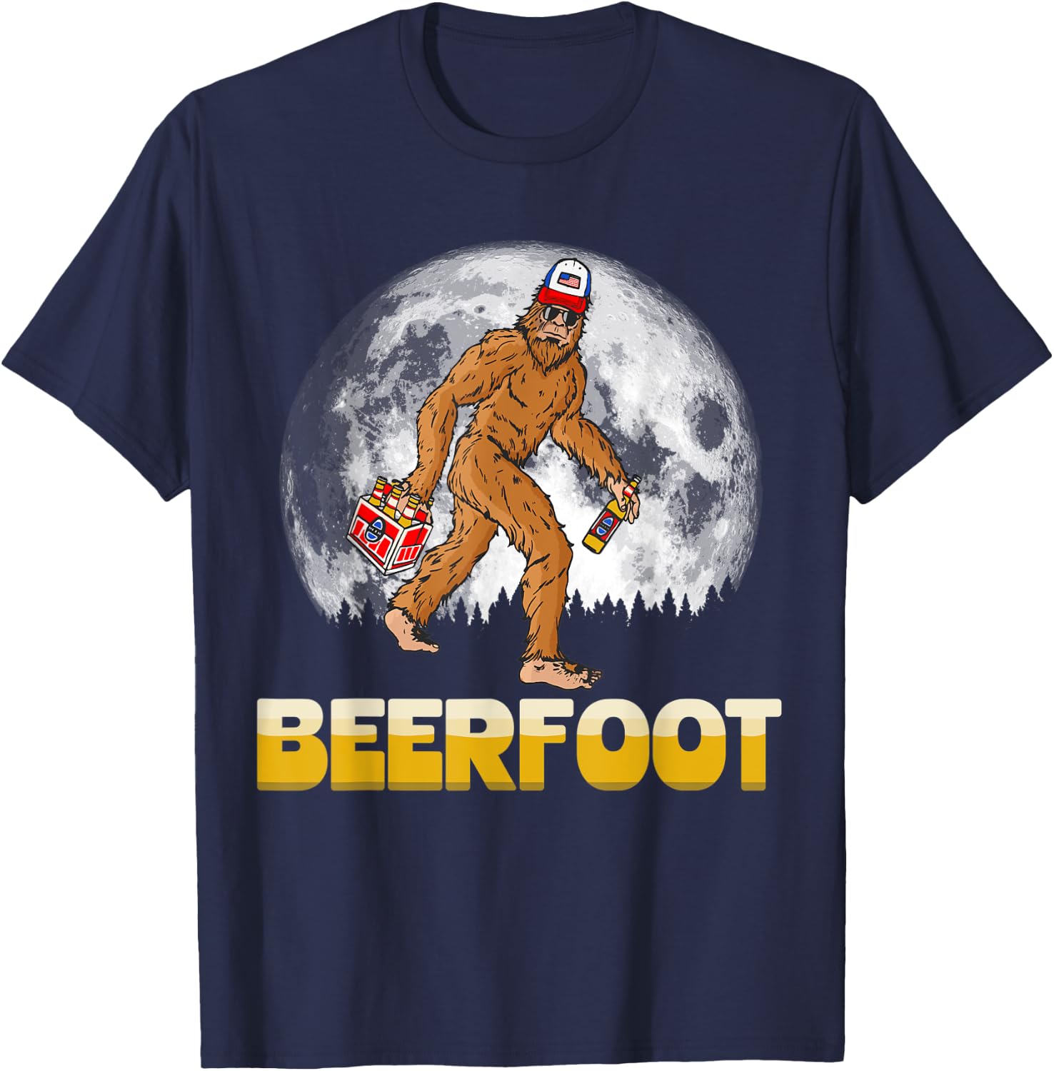 BeerFoot! Funny Hipster Sasquatch 6-Pack Full Moon Bigfoot T-Shirt - T-Shirt | Navy