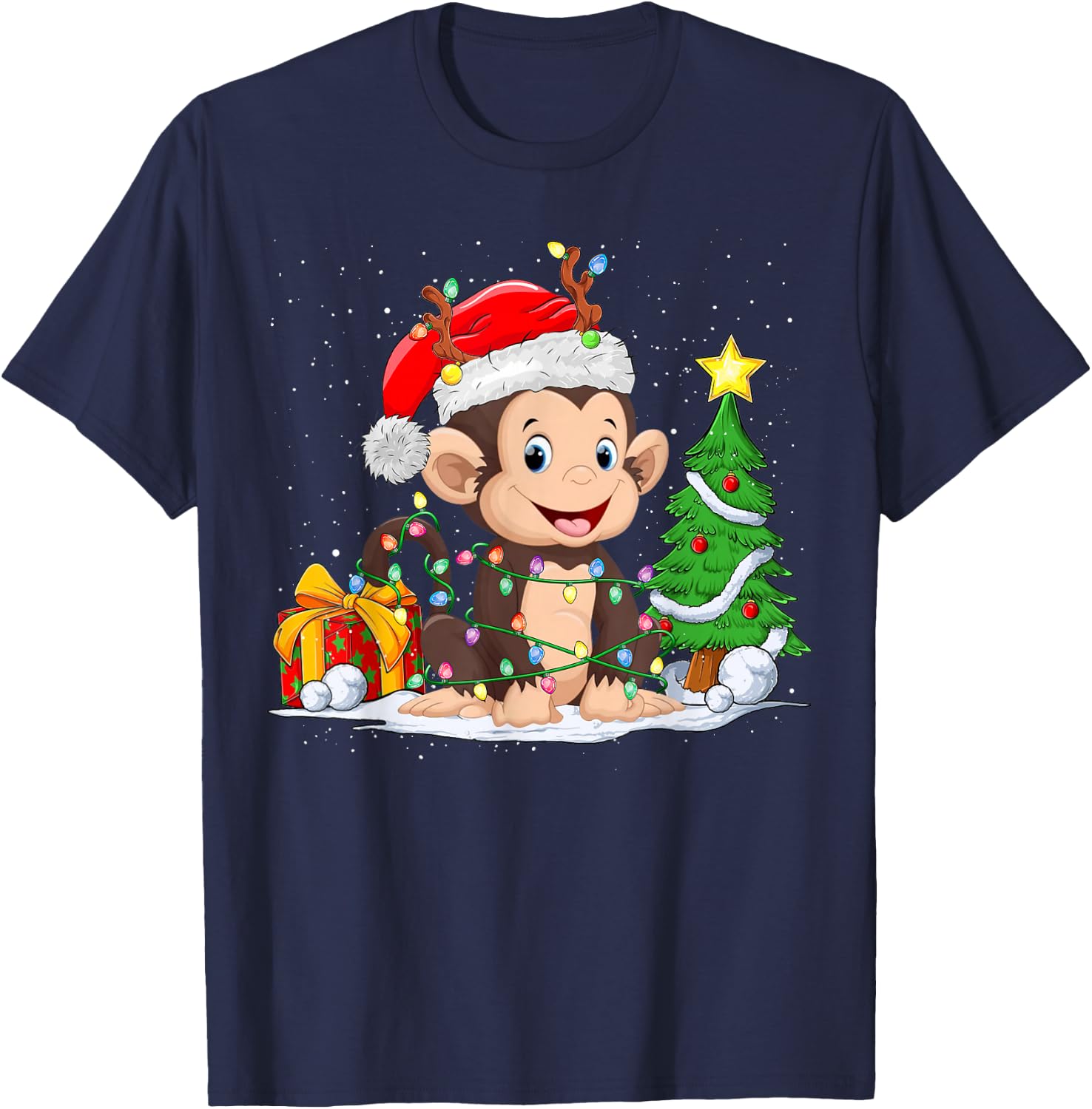 Cute Monkey Santa Christmas Tree Lights Xmas Pajama Monkey T-Shirt - T-Shirt | Navy