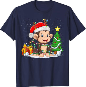 Cute Monkey Santa Christmas Tree Lights Xmas Pajama Monkey T-Shirt - T-Shirt | Navy