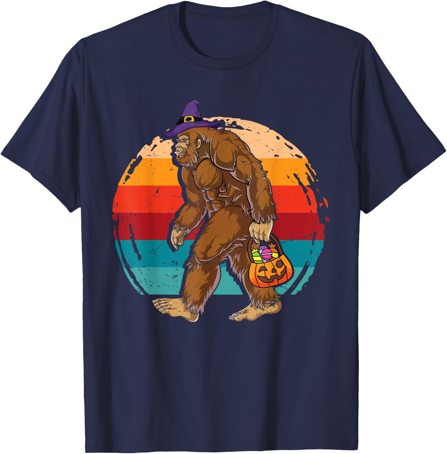 Bigfoot Sasquatch Witch Hat Retro Jack O Lantern Halloween T-Shirt - T-Shirt | Navy