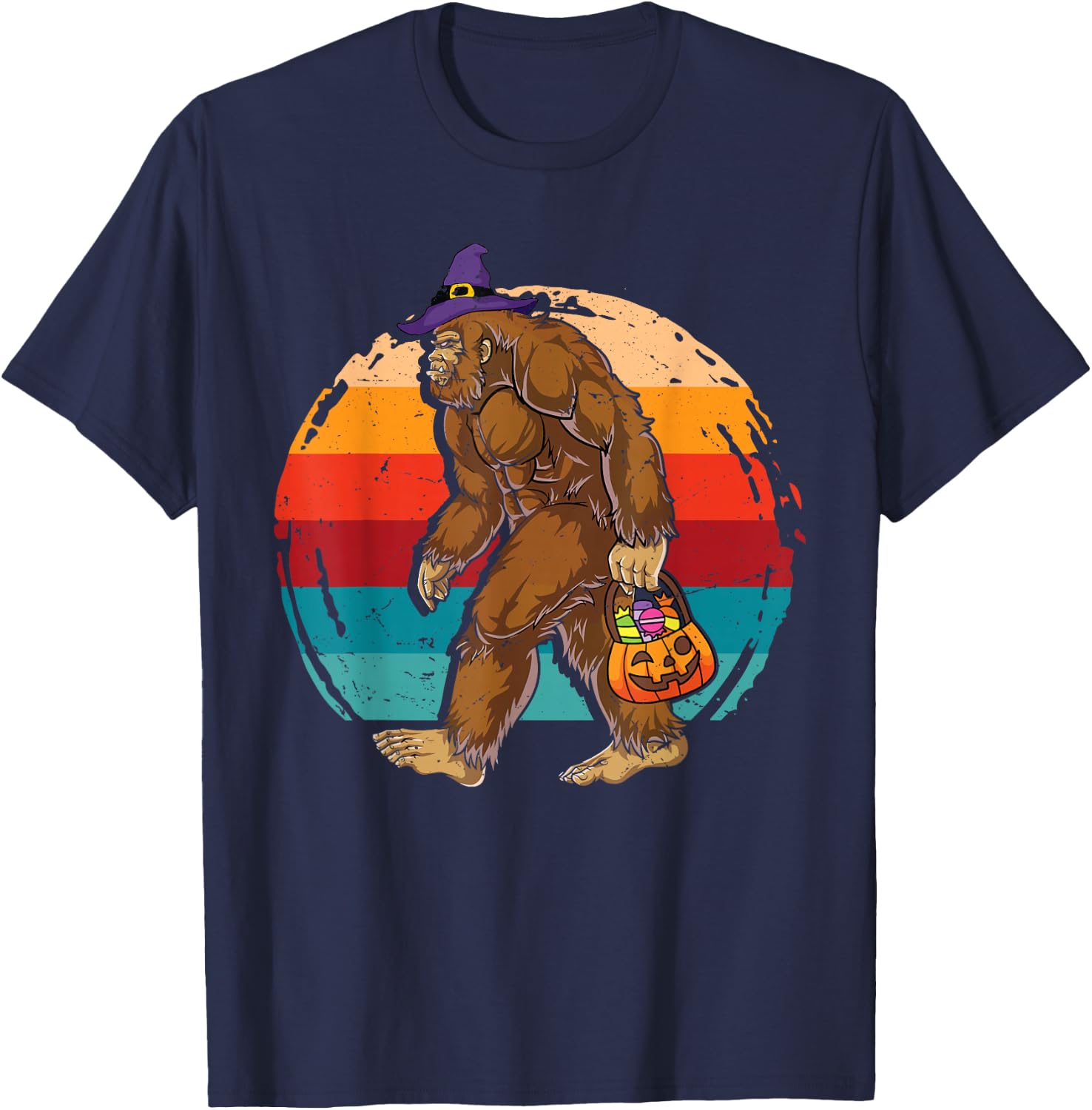 Bigfoot Sasquatch Witch Hat Retro Jack O Lantern Halloween T-Shirt - T-Shirt | Navy