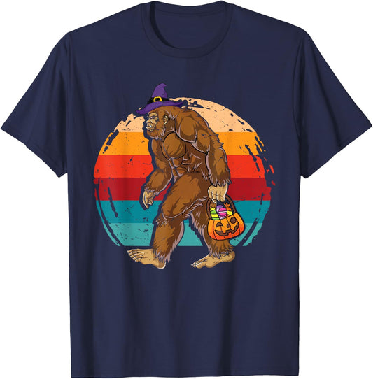 Bigfoot Sasquatch Witch Hat Retro Jack O Lantern Halloween T-Shirt - T-Shirt | Navy