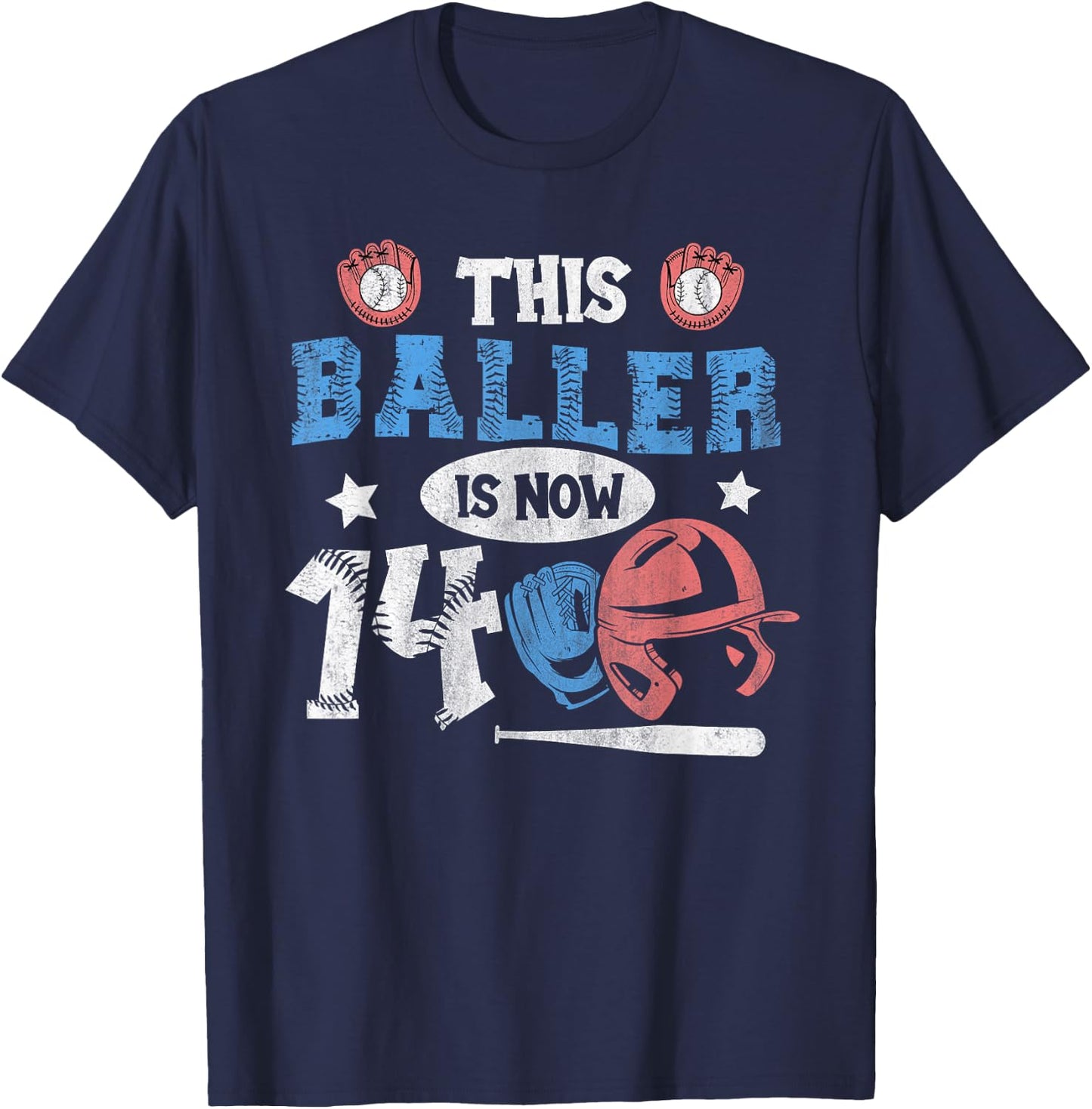 14 Years This Baller is now 14 Kids Baseball 14th Birthday T-Shirt - T-Shirt | Navy