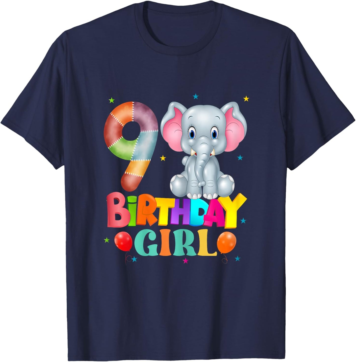 9th Birthday Elephant 9 Years Old Girls Elephant T-Shirt - T-Shirt | Navy