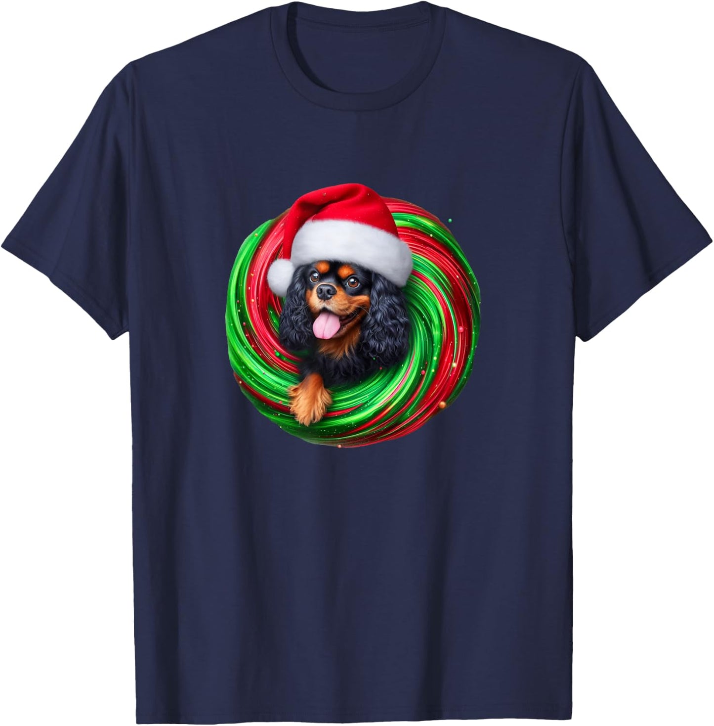 Cavalier King Charles Spaniel Dog Black Tan Christmas Swirl Men Women T-Shirt - T-Shirt | Navy