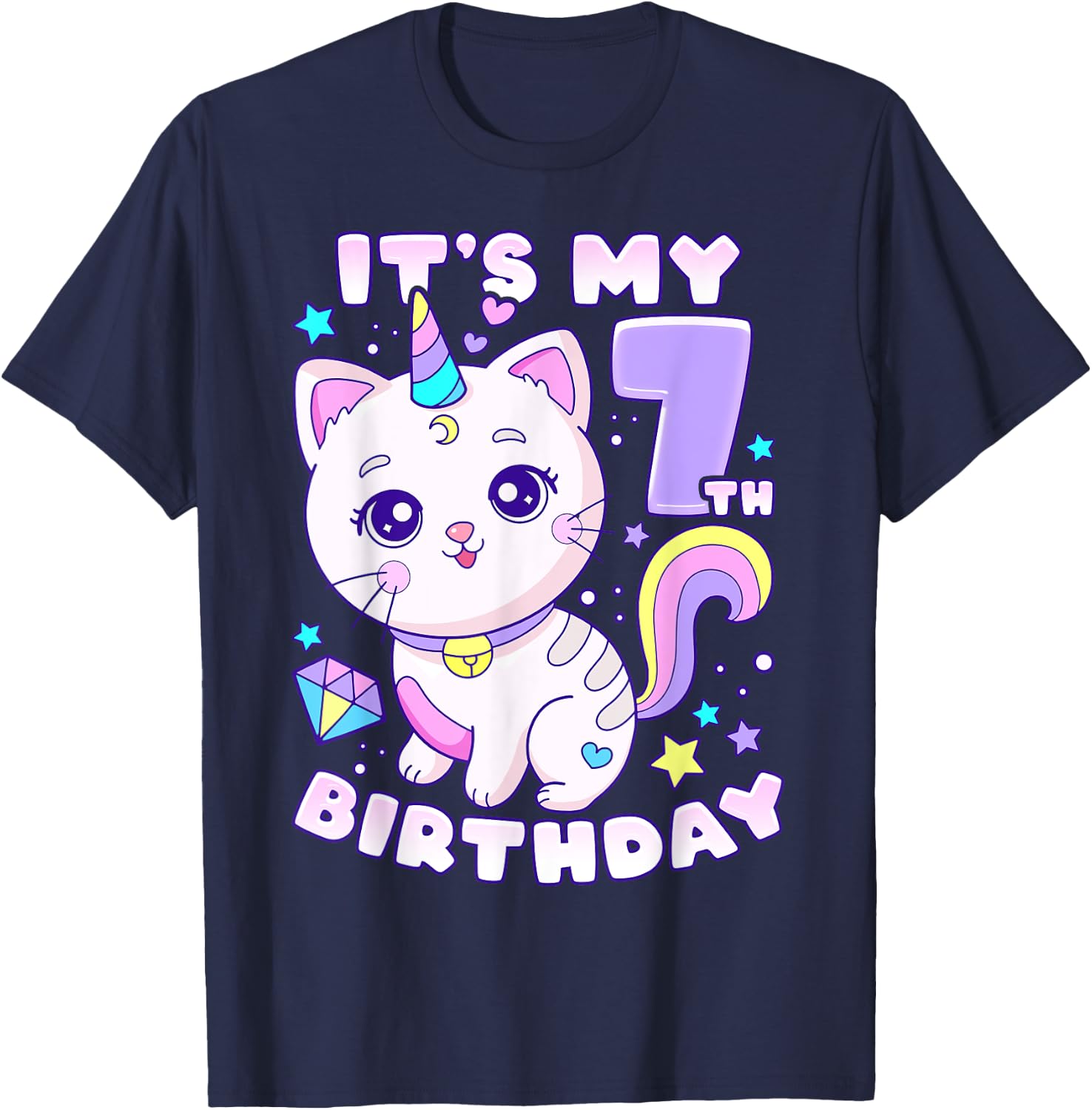 Birthday girl 7 years old, cat, unicorn, 7th birthday T-Shirt - T-Shirt | Navy