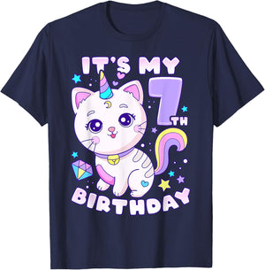 Birthday girl 7 years old, cat, unicorn, 7th birthday T-Shirt - T-Shirt | Navy