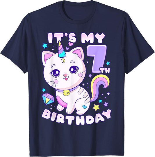 Birthday girl 7 years old, cat, unicorn, 7th birthday T-Shirt - T-Shirt | Navy