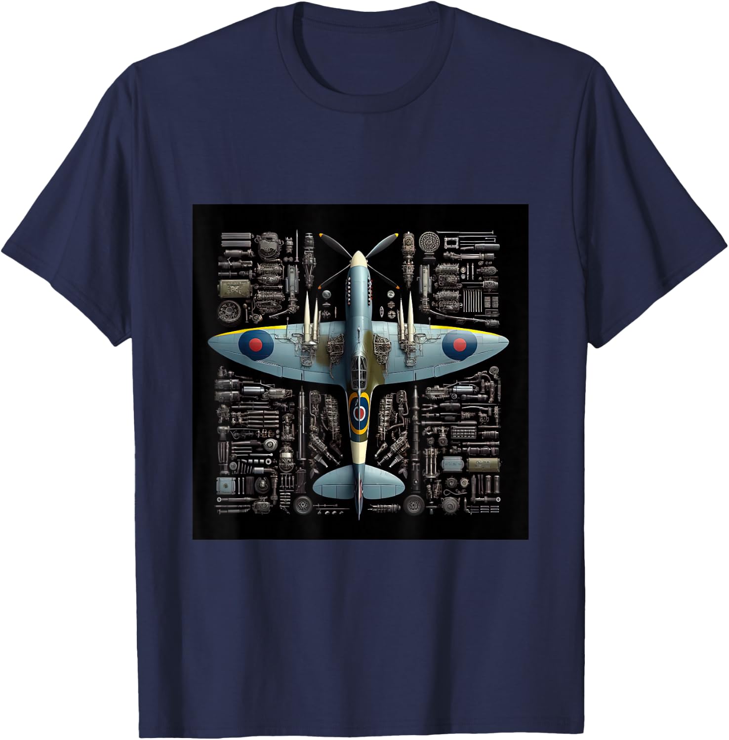 WW2 Warplane Spitfire Anatomy Assembly Parts Blueprint T-Shirt - T-Shirt | Navy