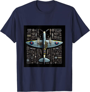 WW2 Warplane Spitfire Anatomy Assembly Parts Blueprint T-Shirt - T-Shirt | Navy
